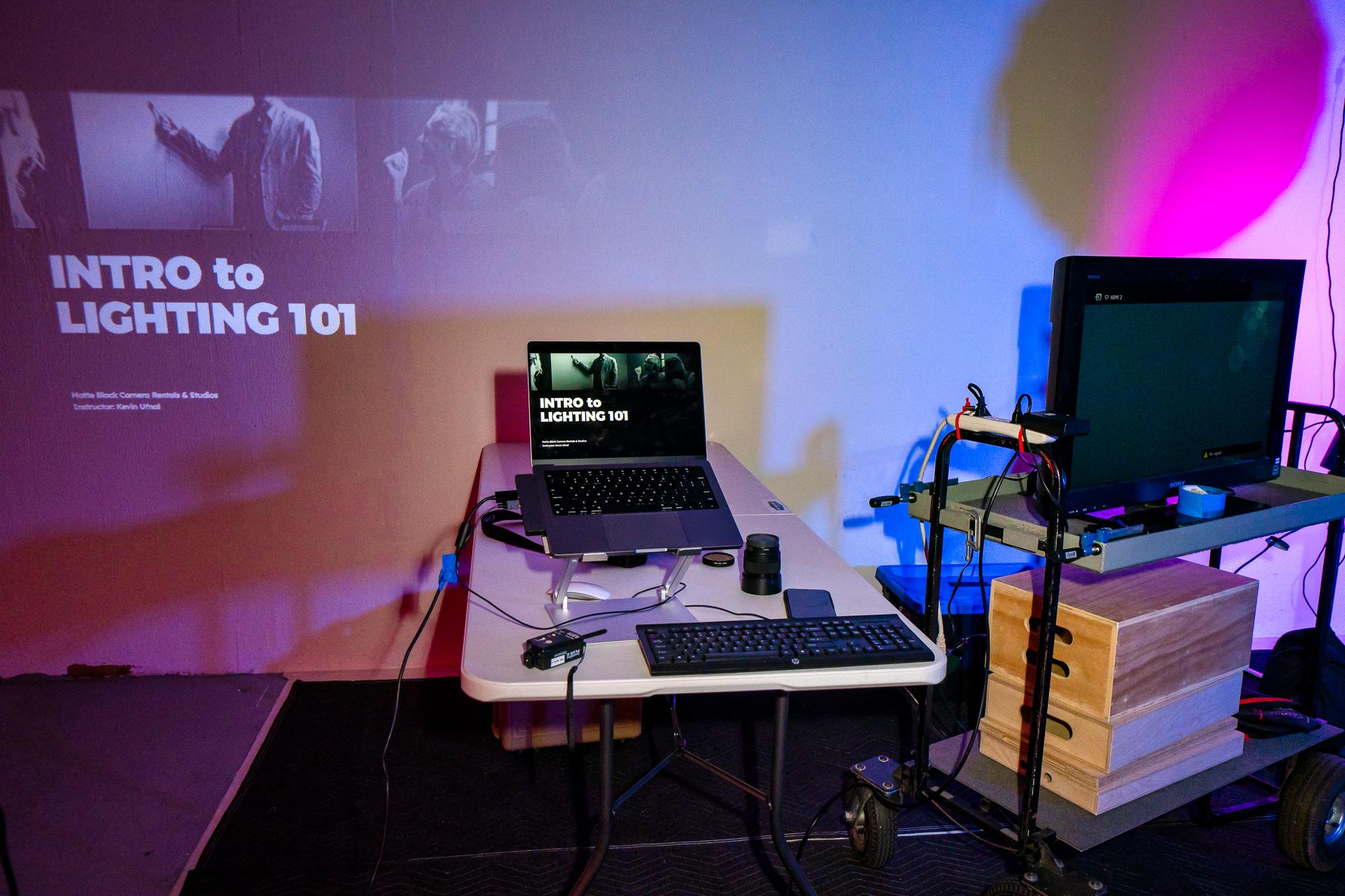 Behind the scenes video production setup at Matte Black Studio